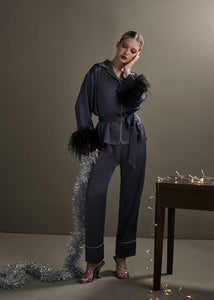 Holly Feather-embellished Satin Silk Pajamas in Morion