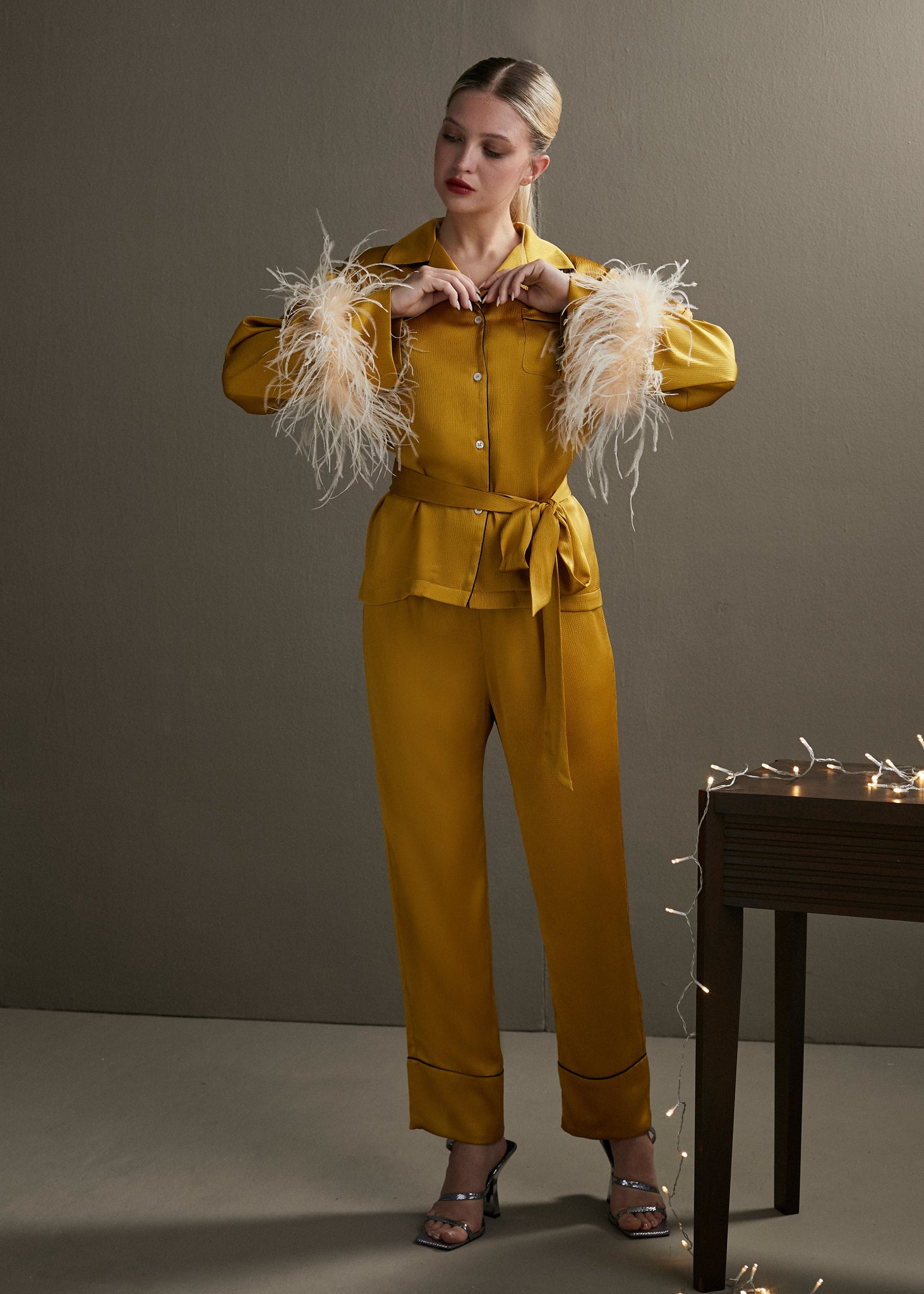 Holly Feather-embellished Satin Silk Pajamas in Topaz