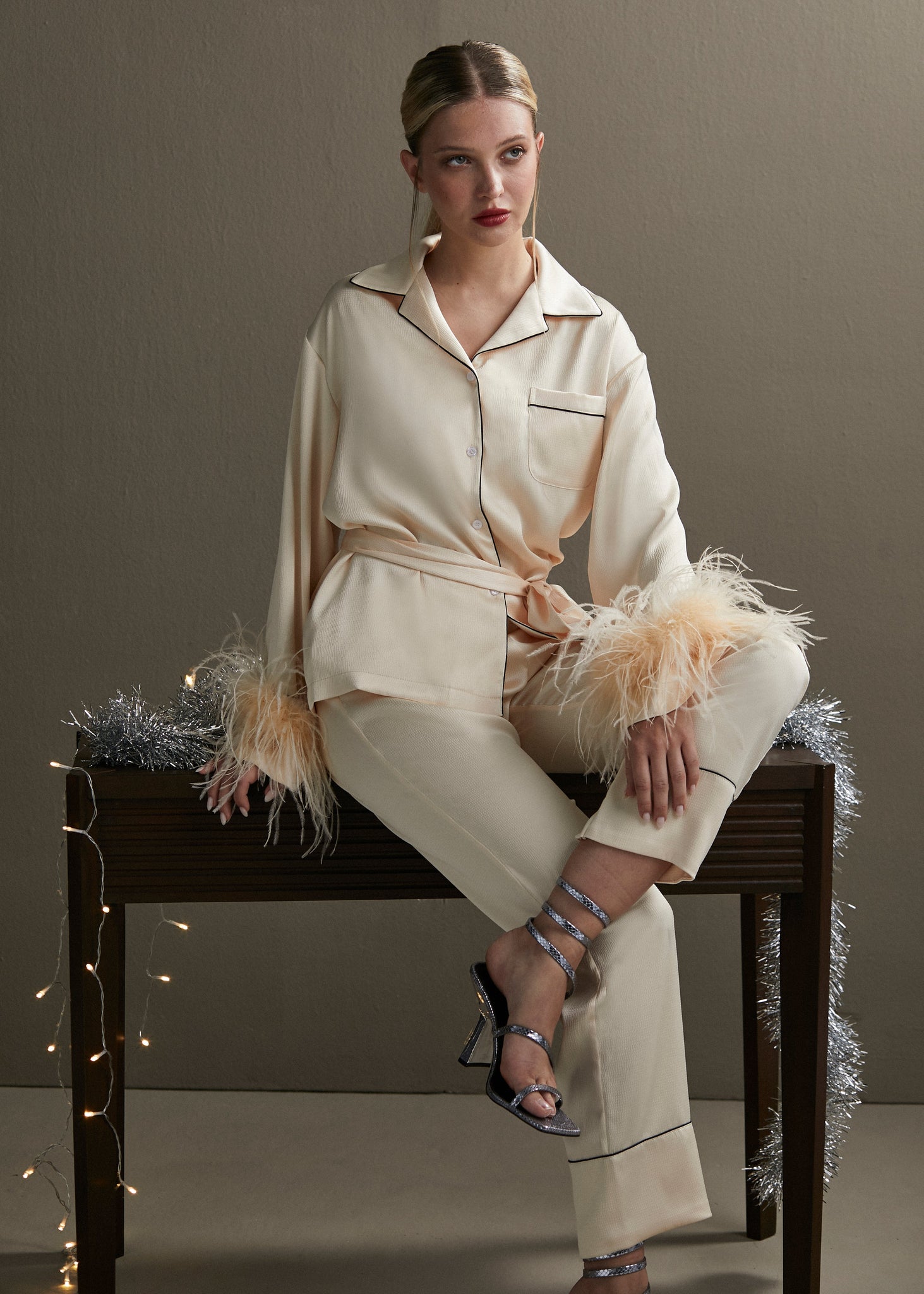 Holly Feather-embellished Satin Silk Pajamas in Ivory