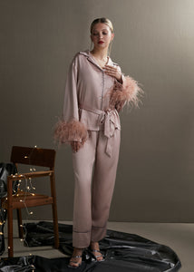 Holly Feather-embellished Satin Silk Pajamas in Quartz