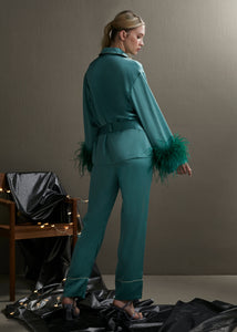 Holly Feather-embellished Satin Silk Pajamas in Zircon