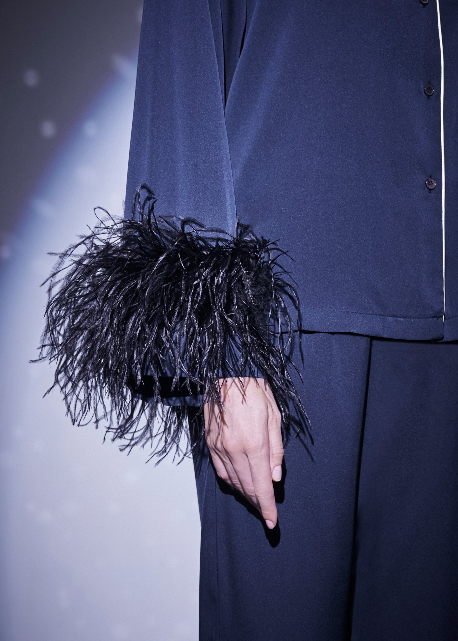 Holly Feather-embellished Satin Silk Pajamas in Zircon